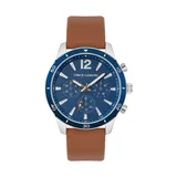 Vince Camuto Men's Silver Tone Brown Faux Leather Band Watch With Navy Dial