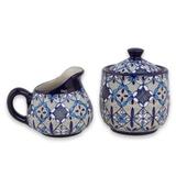 Blue Bajio,'Blue Floral Ceramic Sugar Bowl and Creamer Set'