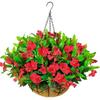 Artificial Faux Plants Flowers Hanging Basket for Outdoors Decoration, Fake Silk Purple Azalea in Pot Planter UV Resistant