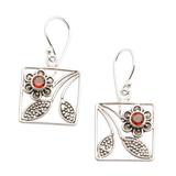 Bali Daisy,'Hand Made Garnet and Sterling Silver Dangle Earrings'