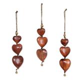 Wood ornaments, 'Joyous Hearts' (set of 3)