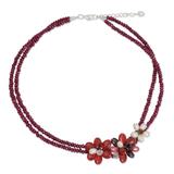 Cultured pearl and garnet flower necklace, 'Red Floral Princess'