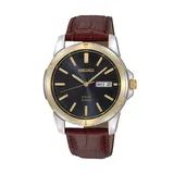 Seiko Men's Two Tone Stainless Steel Leather Solar Watch - SNE102, Size: Large, Brown