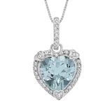 "Sterling Silver Lab-Created Aquamarine and Diamond Accent Heart Frame Pendant, Women's, Size: 18"", Blue"