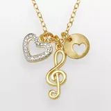 18k Gold Over Silver-Plated and Silver-Plated Diamond Accent Treble Clef and Heart Charm Necklace, Women's, White