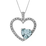 "Sterling Silver Lab-Created Aquamarine and Diamond Accent Heart Pendant, Women's, Size: 18"", Blue"