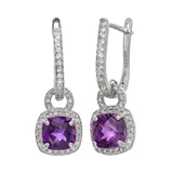 Sterling Silver Amethyst and Lab-Created White Sapphire Square Halo Drop Earrings, Women's, Multicolor