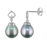 Tahitian Cultured Pearl and Diamond Accent 10k White Gold Drop Earrings, Women's, Black