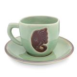 Celadon ceramic cup and saucer, 'Green Thai Elephant'