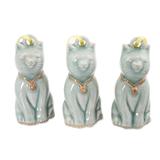 Celadon ceramic ornaments, 'Light Blue Festive Cats' (set of 3)