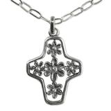 Sterling silver cross necklace, 'Blossoming Faith'