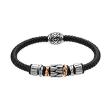 "Two Tone Stainless Steel and Leather Bead Bracelet, Men's, Size: 8.5"", Black"