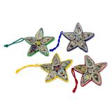 Recycled paper ornaments, 'Stars of Joy' (set of 4)