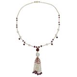 Gold plated cultured pearl and ruby pendant necklace, 'Siam Sonnet'