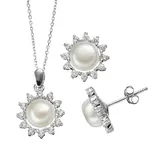 "Freshwater Cultured Pearl & Cubic Zirconia Sterling Silver Flower Pendant Necklace & Button Stud Earring Set, Women's, Size: 18"", White"
