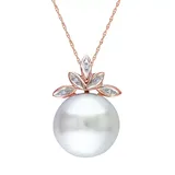 "Freshwater Cultured Pearl & Diamond Accent 10k Rose Gold Leaf Pendant Necklace, Women's, Size: 17"", White"