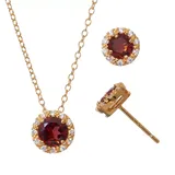 Garnet & Cubic Zirconia 18k Gold Over Silver Halo Pendant Necklace & Stud Earring Set, Women's, Red