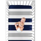 Sweet Jojo Designs Stripe Fitted Crib Sheet Polyester in Gray/Blue, Size 28.0 W x 52.0 D in | Wayfair CribSheet-Stripe-NV-GY-STP