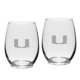 Miami Hurricanes Set of 2 Deep Etched Engraved Stemless Wine Glasses