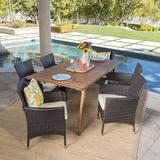 Gracie Oaks Manno 7 Piece Outdoor Dining Set w/ Cushions Wood/Wicker/Rattan in Brown/White, Size 30.0 H x 68.5 W x 37.5 D in | Wayfair