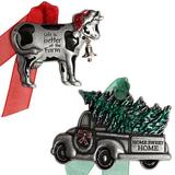 The Holiday Aisle® 2 Piece Christmas Cow & Antique Truck Hanging Figurine Ornament Set Metal in Gray/Green/Red, Size 3.0 H x 3.0 W x 1.0 D in