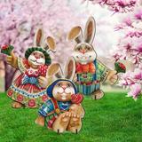 The Holiday Aisle® 3 Piece Easter Bunny Family Wooden Freestanding Outdoor Lawn Decor Set Wood in Brown/Red | Wayfair