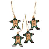 Wood ornaments, 'Happy Green Santa' (set of 4)