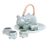 Celadon tea set, 'Green Elephant Family' (set for 4)