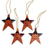 Wood ornaments, 'Maroon Green Santa Stars' (set of 4)
