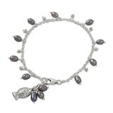 Cultured pearl charm bracelet, 'Gleaming Fish in Grey'
