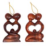 Forever Together,'Two Heart Ornaments of Couple Kissing Hand Carved of Wood'