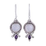Majestic Windows,'Rainbow Moonstone and Amethyst Dangle Earrings from India'