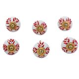 Leafy Red,'Ceramic Cabinet Knobs Floral White Red (Set of 6) from India'