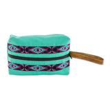 Turquoise Festival,'Handwoven Cotton Cosmetic Bag in Turquoise from Guatemala'