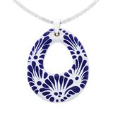 'Ceramic Puebla-Style Blue Floral Egg-Shaped Pendant Necklace'