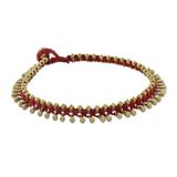 Lunar Red,'Handmade Red Knotted Brass Beaded Red Cord Anklet'
