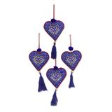 Blue Hearts,'Set of Four Blue Tassel Beaded Holiday Heart Ornaments'