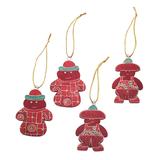 Wood batik ornaments, 'Red Snowmen' (set of 4)