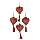 Red Hearts,'Set of Four Red Tassel Beaded Holiday Heart Ornaments'