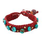 Siam Shade in Red,'Handmade Braided Waxed Polyester Calcite Beaded Bracelet'