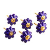Floral Beauties in Indigo,'Hand Made Ceramic Cabinet Knobs Floral Blue (Set of 6) India'