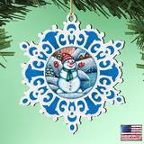 The Holiday Aisle® Snowman Snowflake Shaped Wood Ornament Wood in Blue/Brown, Size 5.0 H x 5.0 W x 1.0 D in | Wayfair