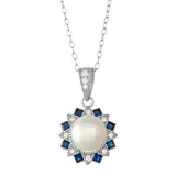 "Sterling Silver Freshwater Cultured Pearl & Lab-Created Blue Spinel Flower Pendant, Women's, Size: 18"", White"