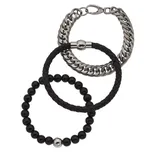 "Men's Stainless Steel Black Glass Beaded, Leather & Curb Chain Bracelet Set, Size: 8"""