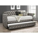 Mercer41 Bertie Twin Daybed w/ Trundle Upholstered/Faux leather in Brown/Gray, Size 43.93 H x 42.16 W x 85.5 D in | Wayfair