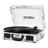 Victrola Patterned Suitcase Record Player with Bluetooth, Beig/Green