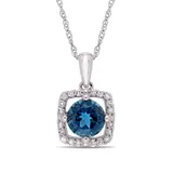 Belk & Co Women's 1 ct. t.w. London-Blue Topaz and 0.1 ct. t.w. Diamond Floating Halo Pendant with Chain in 10K White Gold, 17 in