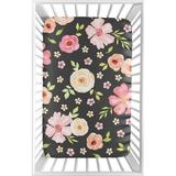 Sweet Jojo Designs Watercolor Floral Mini Fitted Crib Sheet Polyester in Pink/Green/Black, Size 24.0 W x 38.0 D in | Wayfair