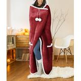 Safdie & Co. Inc. Wearable & Hooded Blankets red - Red Pom-Pom Hooded Throw