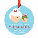 The Holiday Aisle® Personalized You're Going To Be A Great Grandmother Baby Due, Santa & Mrs. Claus w/ Elf Ball Ornament Metal in Blue/White Wayfair